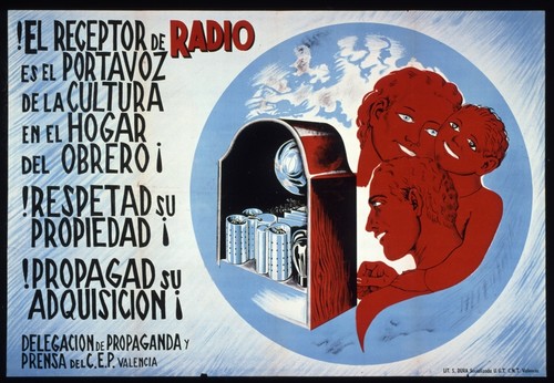 El receptor de radio es el portavoz de la cultura en el hogar del obrero!--El Respetad su propriedad! Propagad su adquisición!