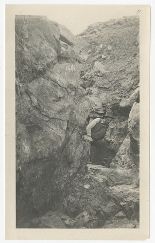 Unidentified man in trench at the Lake Hodges Dam construction site