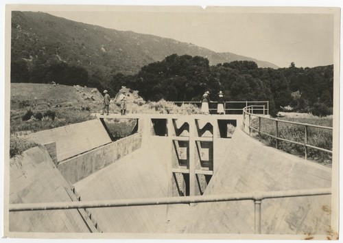 Unidentified people with Lake Henshaw Dam outlet tunnel