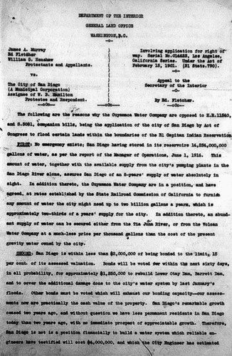 Case Resulting From Hamilton Filing on Mission Gorge, through El Capitan Reservation - Appeal to Secretary of the Interior