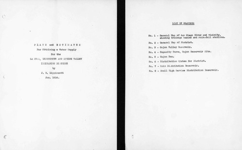 Lippincott, J.B - Plans and Estimates for Obtaining a Water Supply for the La Mesa, Lemon Grove and Spring Valley Irrigation District