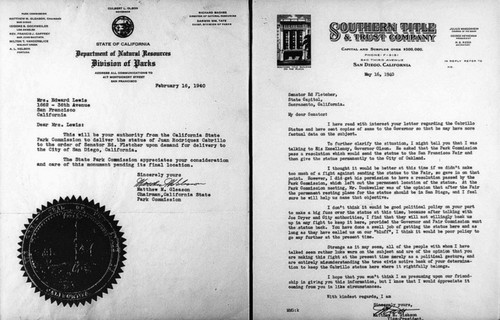 Cabrillo Statue - Presidential proclamations, C. Townsend letter and article, poem, authority to move