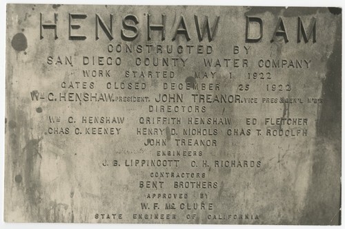 Henshaw Dam plaque