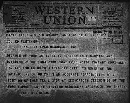 Ford Exposition: Photos and telegram to Fletcher