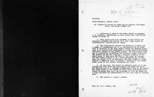Longwill, John S - Preliminary Report on Water Supply Studies, San Diego River, California