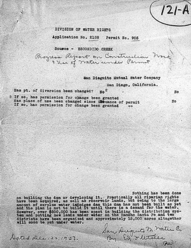 Carroll Dam (Lake Hodges) - Application of San Dieguito Mutual Water Co., to State Water Commission for extension of time