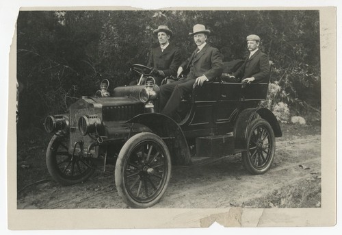 Ed Fletcher, John Nolan and George Marston in Fletcher's Maxwell car, Julian, California