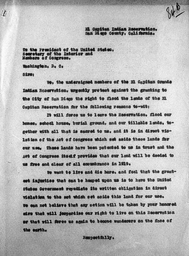 Case Resulting From Hamilton Filing on Mission Gorge, through El Capitan Reservation - Protest from El Captain Indians