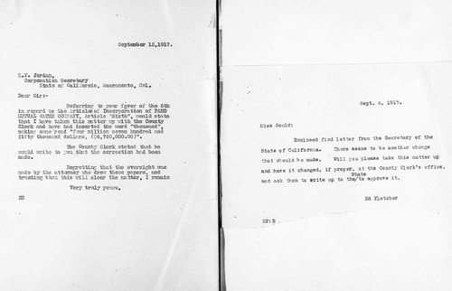 San Dieguito/Pamo Dam - Articles of Incorporation: Pamo Mutual Water Company and Warner Mutual Water Company; correspondence with R.V. Jordan, Corporation Secretary, State of California; California State Certificates of Incorporation