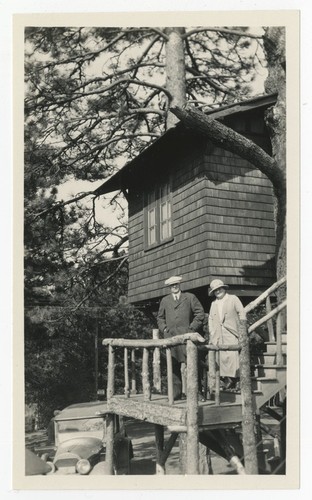 Fred and Mary White at tree house, Pine Hills