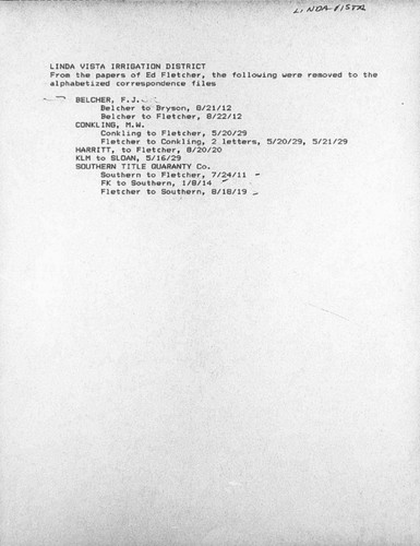 Linda Vista Irrigation District correspondence - Linda Vista miscellaneous, after Fletcher purchase