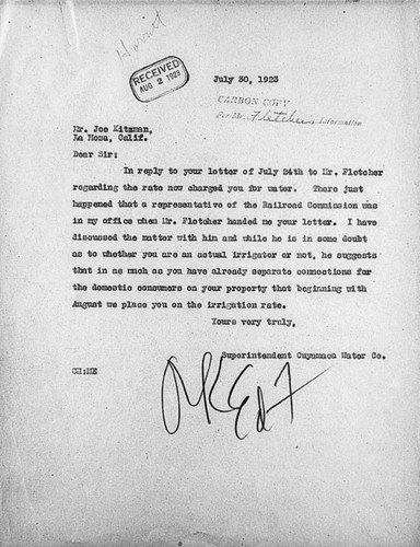 Customer correspondence - Kitzman, Joe