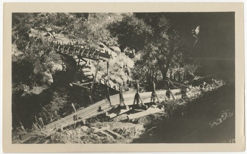 Damage to the San Diego flume above a gully from the 1916 flood