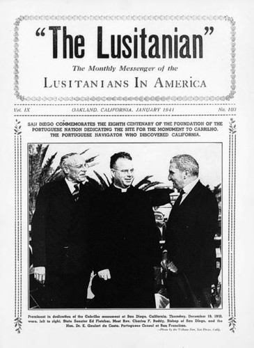 Cabrillo Statue - Dedications: Park, 1940 and Statue, 1942: Programs, Fletcher speech, Lusitania issue