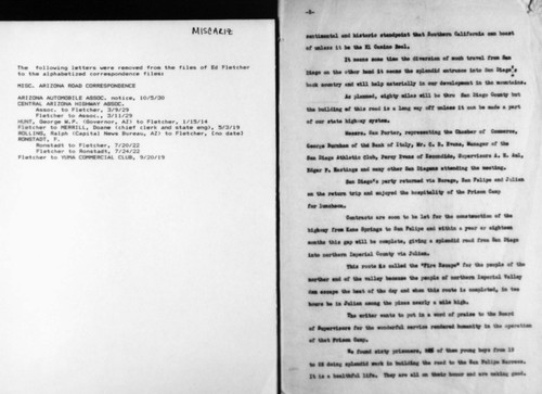 Early Arizona Highway: articles, correspondence, Fletcher speeches