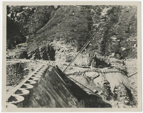 Construction of Lake Hodges Dam with crane