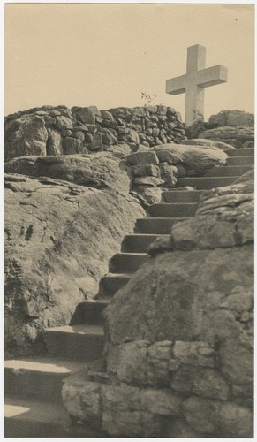 Detail of concrete steps, rock walls and cross in Mount Helix amphitheater