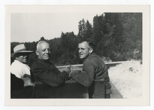 Ed Fletcher Jr., Ed Fletcher and Willis Fletcher boating on Klamath River