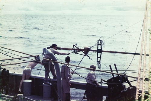 Roger Revelle and others on deck of R/V HORIZON recover Kullenberg corer