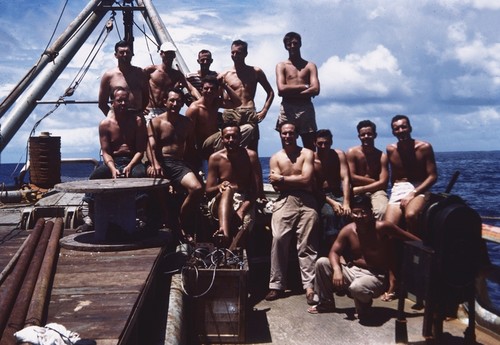 Jeff [Scientists on deck of R/V HORIZON. Rear, standing:] Ed Barr, Louis Garrison, Jeffery Frautschy, Arthur Maxwell, James Snodgrass. Middle row: Bob Dill, K.O. Emery, Russell Raitt. Front row: Bob Huffer, Tom Runyon, Ed Brayton, Edwin Hamilton, Roger Revelle. Dick Morita is seated in the foreground