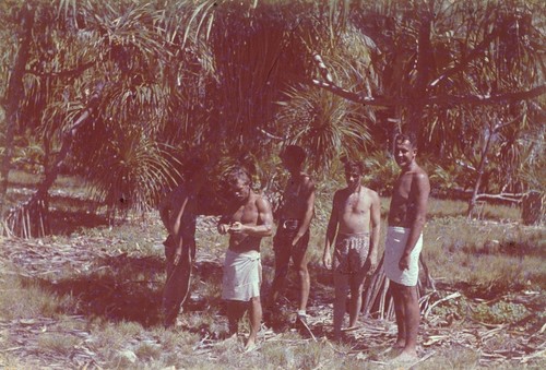 Oceanographer Roger Revelle (extreme right) with other scientists at the Bikini Atoll encampment located in the Marshall Islands, during the Mid-Pac Expedition (1950). 1950