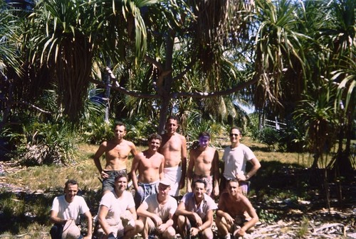 Midpac Expedition scientific party at Bikini. Front row: Jeffery Frautschy, Robert Dietz, H. William Menard, Kenneth O. Emery, unidentified; Back row: unidentified, Robert Dill, Roger Revelle, unidentified, Ed Hamilton. 1950