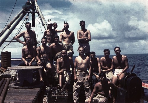 Scientists on deck of R/V HORIZON. Standing, rear: Edward Barr, Louis Garrison, Jeffery Frautschy, Arthur Maxwell, James Snodgrass. Middle row: Bob Dill, K.O. Emery and Russell Raitt. Front row: Bob Huffer, Tom Runyon, Ed Brayton, Ed Hamilton, and Roger Revelle. Richard Morita seated at front