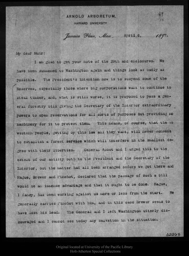 Letter from C. S. Sargent to John Muir, 1897 Apr 6