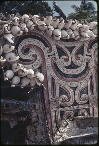 Canoes: carved and painted splashboard of kula canoe, with white cowrie shells