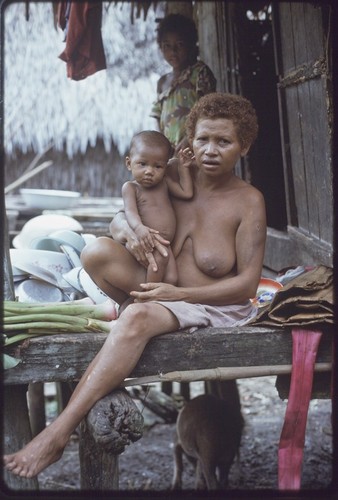 Domestic scene: woman holds baby, another child in background, pig underneath house