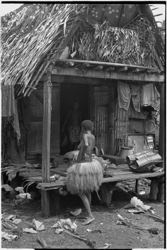 Mortuary ceremony: display of uprooted taro plants and mats, woman in long fiber skirt