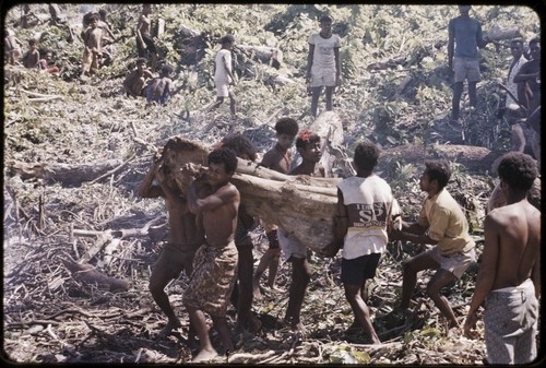 Land clearing: men clear trees and bushes from rocky land, preparing for construction