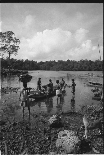 Canoes: woman carries large basket on head to canoe being loaded