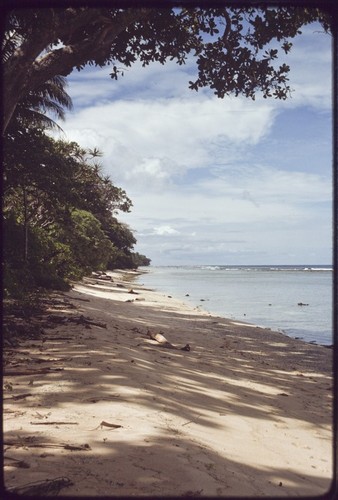 Beach and lagoon with fringing reef, Wawela village, Kiriwina