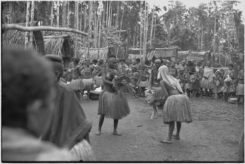 Mortuary ceremony, Omarakana: mourning women in long fiber skirts, faces and bodies covered with ash and heads shaved, hold banana leaf bundles