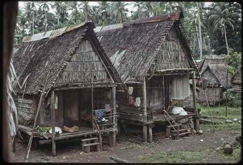 Houses with verandas, typical Trobriand architecture, fishing net hangs from rafters of house (r)