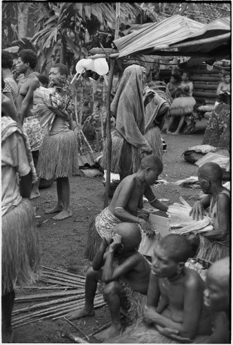 Mortuary ceremony, Omarakana: women prepare to exchange banana leaf bundles