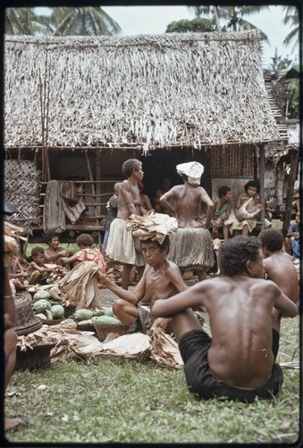 Mortuary ceremony: woman counts banana leaf bundles for exchange ritual