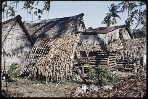 Tukwaukwa village on Kiriwina: yam house, houses, and partially thatched small structure