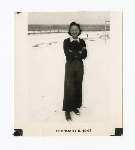 Sumiko Dorothy Tanabe in the snow at Granada camp