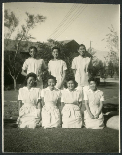 Photograph of hospital staff in front of the Manzanar hospital