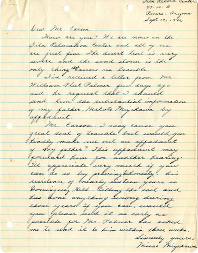 Letter from Misao Miyakawa to [John] Victor Carson, September 19, 1942