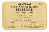 Manzanar Community Activities Cooperation Association membership card, S. Harada