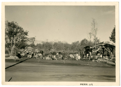 Photograph of group gathering at Pleasure Park at Manzanar