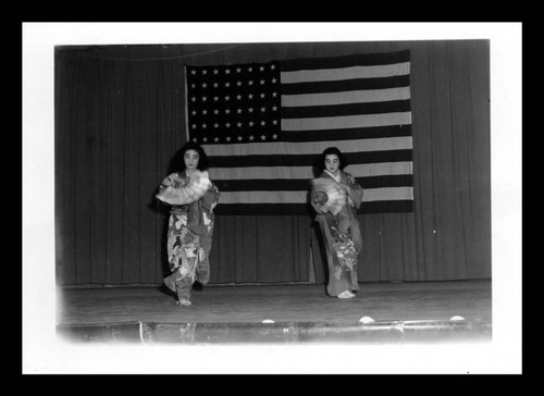 Setsuko Abe Hirano (left) and cousin, Edith Abey (right) dancing Japanese buyo dance at Topaz