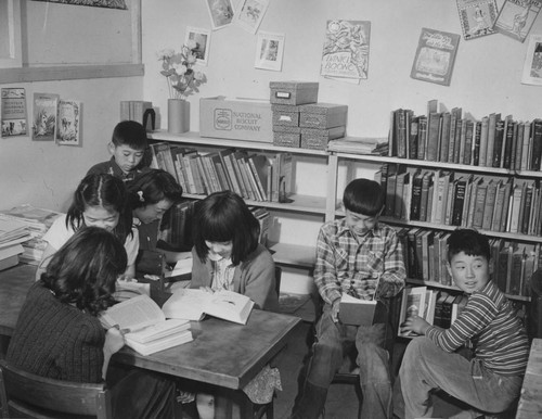 [Grade school library in one of barracks at Granada incarceration camp]