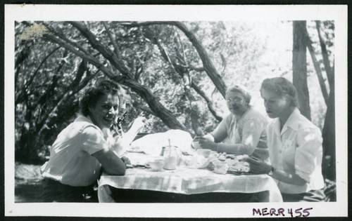 Photograph of L. Josephine Hawes, Edna Anderson, and Eleanor Thomas at a picnic table