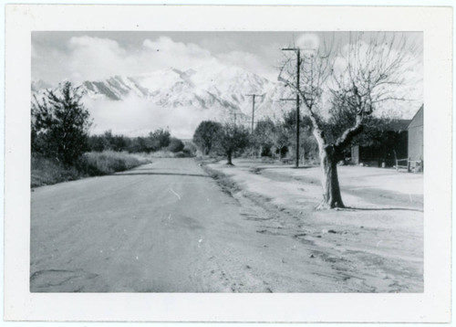 Photograph of a side road facing the Sierra Nevada with barracks on the side