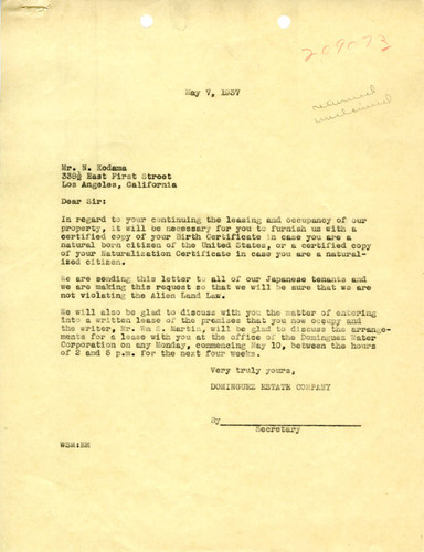 Letter from [William S. Martin], Dominguez Estate Company, to N. Kodama, May 7, 1937