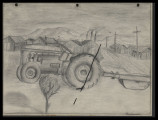 Pencil drawing of tractor and barracks in Poston